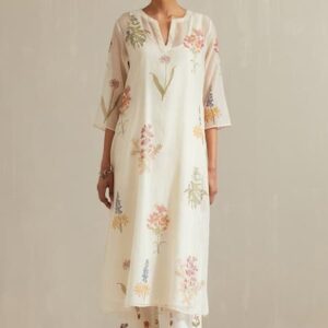 Off White Solid Cotton Blend Straight Kurta